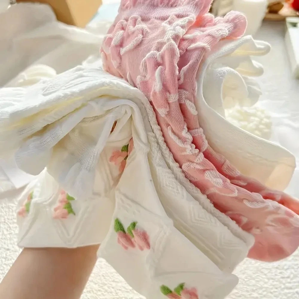 Meias femininas com babados de renda média tubo, lolitajk, estilo harajuku, suave, versátil, elegante, meninas, fofo, outono, inverno, 5 pares