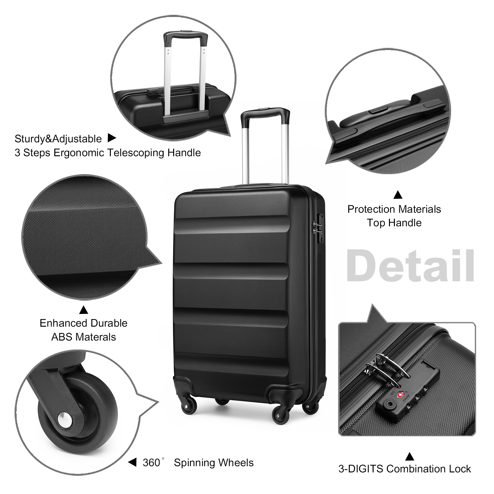 KONO Hardshell Case z 4 kółkami obrotowymi i zamkiem szyfrowym, lekka walizka, bagaż podręczny, 55/66/75 cm