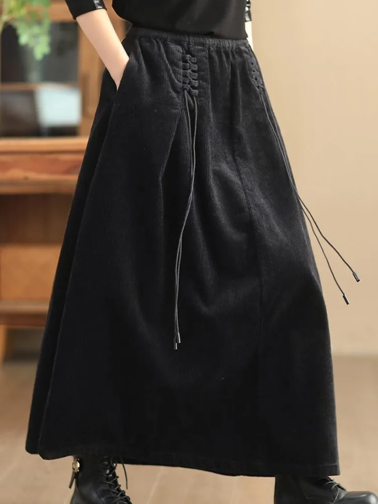 Falda de pana de cintura alta para mujer, novedad de Otoño de 2024, estilo Vintage, básicos de Color sólido, faldas largas informales para mujer B3967
