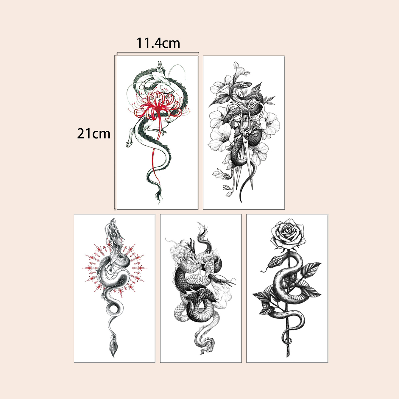 5 個防水一時的なタトゥーステッカーライオンフラワースナックウルフローズティガーダークエレガントなフェイクタトゥーフラッシュタトゥー女性男性用