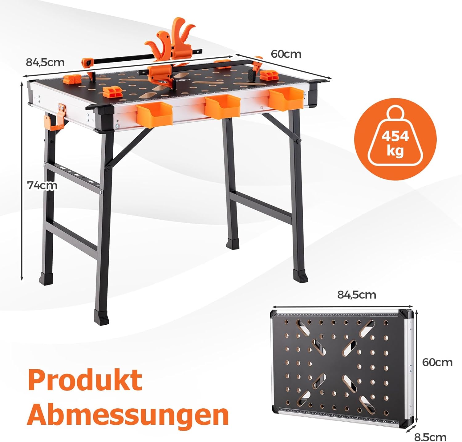 Table de travail pliante avec cadre en métal, établi avec 2 pinces rapides, 4 crochets de serrage, 3 boîtes à outils