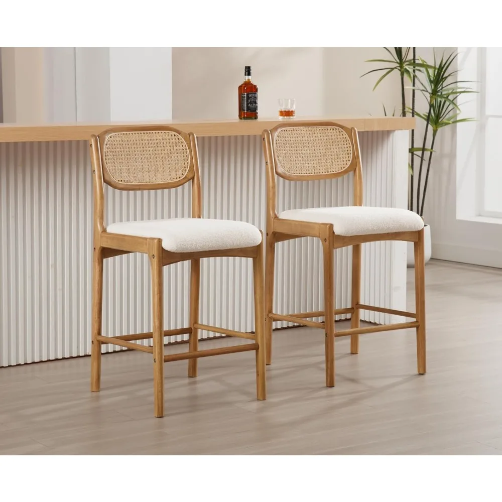 Rattan Bar Stools Set of 2 Upholstered Boucle Counter Stools Mid Century Modern Bar Chairs Wood Cane Back Kitchen Chairs Farmhou