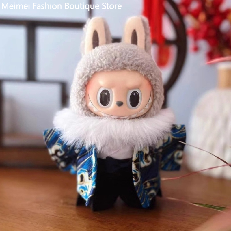 Novo adequado para labubu 17cm pano japonês quimono conjunto bonecas roupas chapéu colar de cabelo bonecas acessórios presente
