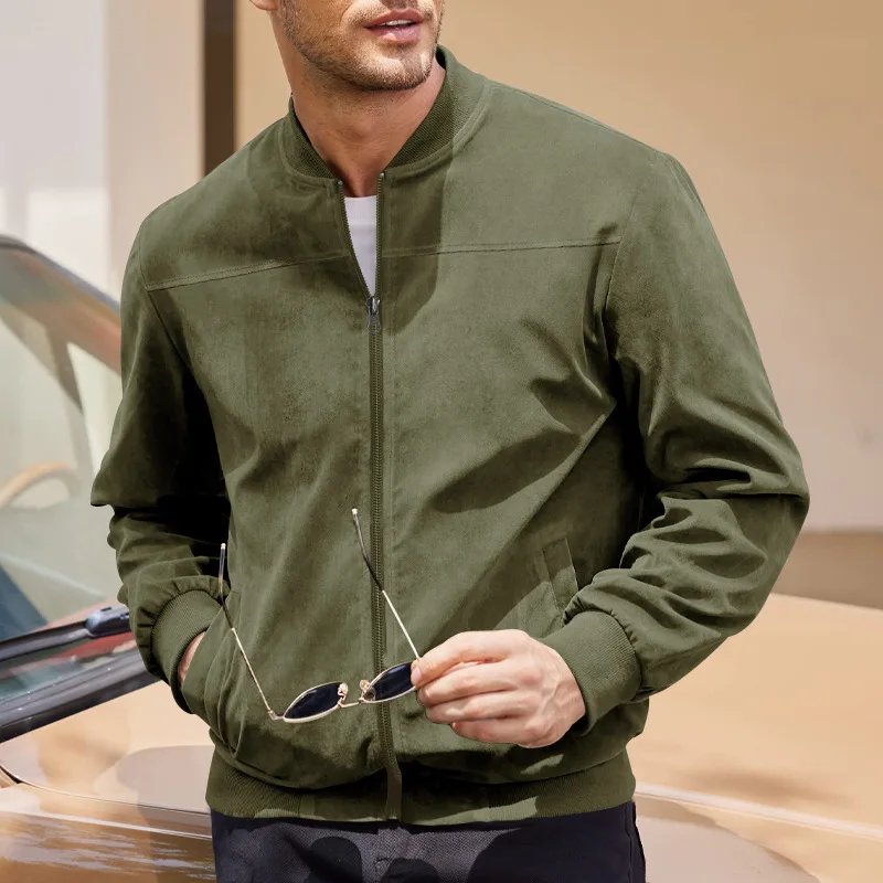 Amazon Suede Solid Color Zipper Jacket Casual Vintage Long Sleeve Cardigan Jacket Men