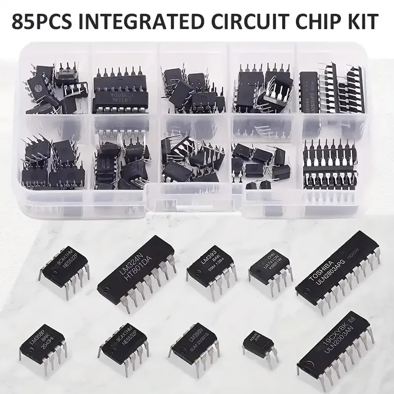 85 Uds 10 tipos NE555 LM324 LM393 UA741 ULN2803 LM358 LM386 NE5532 ULN2003 PC817 circuito integrado DIP IC Kit de chips de combinación
