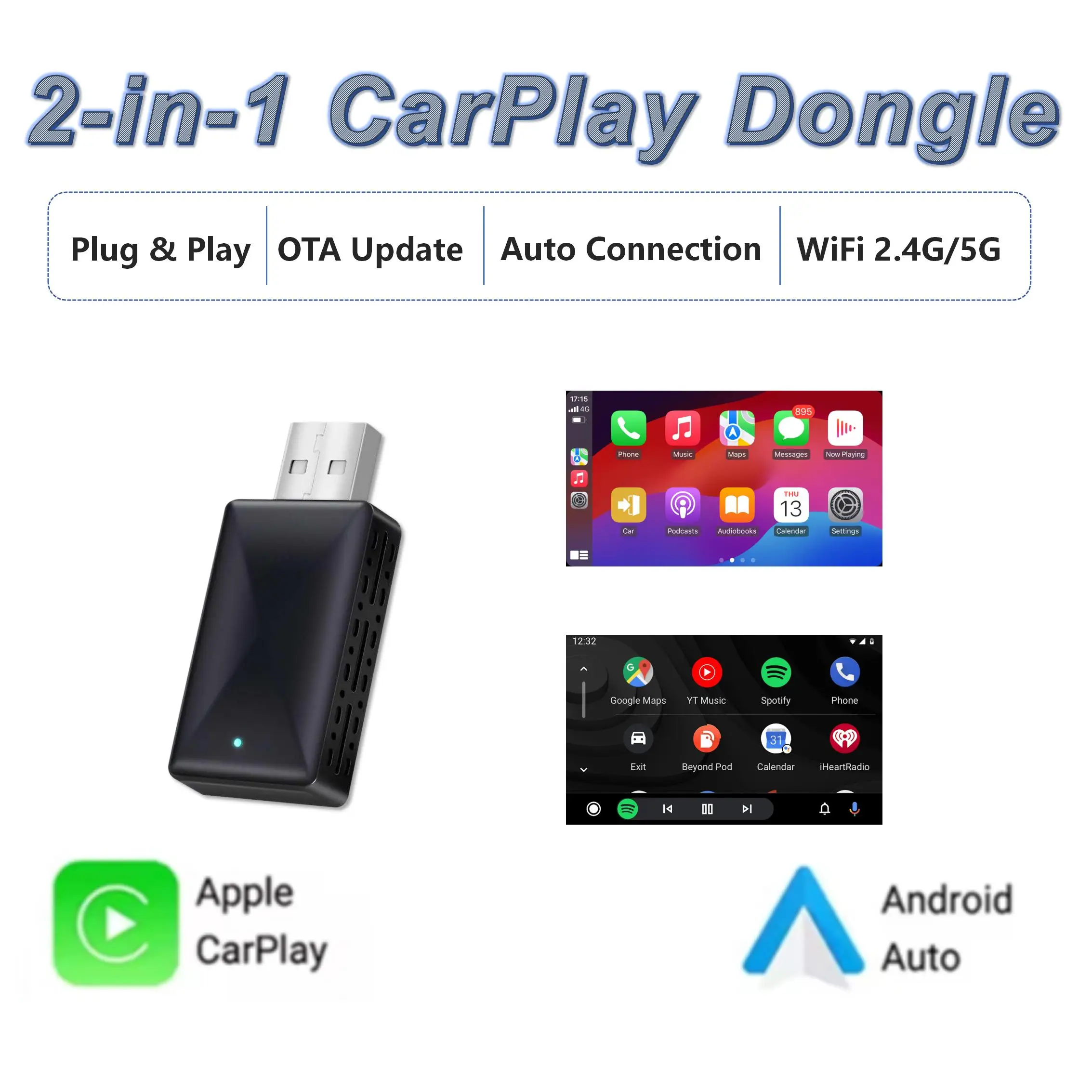 2-in-1 draadloze CarPlay & Android Auto-adapter, Plug & Play CarPlay converteert bedraad naar draadloos, snelle automatische verbinding, geen vertraging