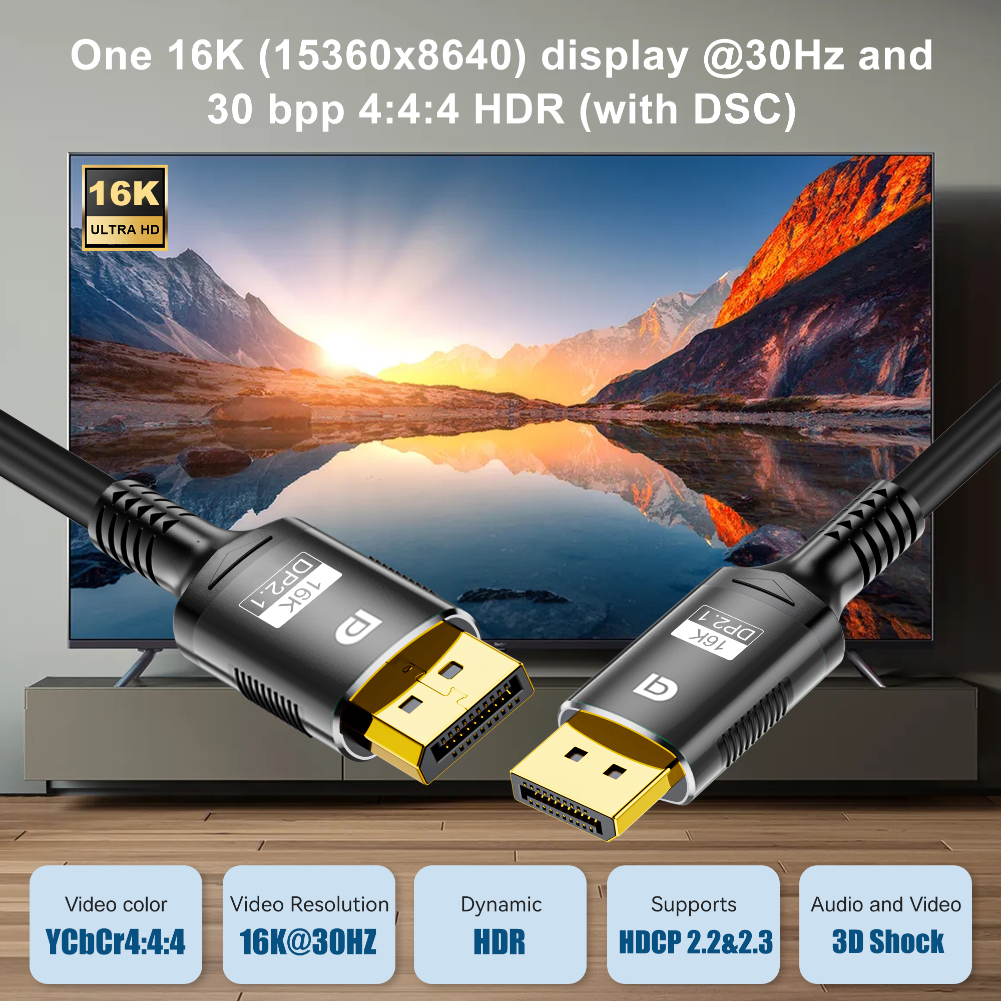 16K DisplayPort Cable 2.1 8K DP 2.1 DP Video 80gbps Cable DP to DP 16K@30Hz 8K@60Hz 120Hz 4K for HDTV Boxes Gaming Monitors Gr