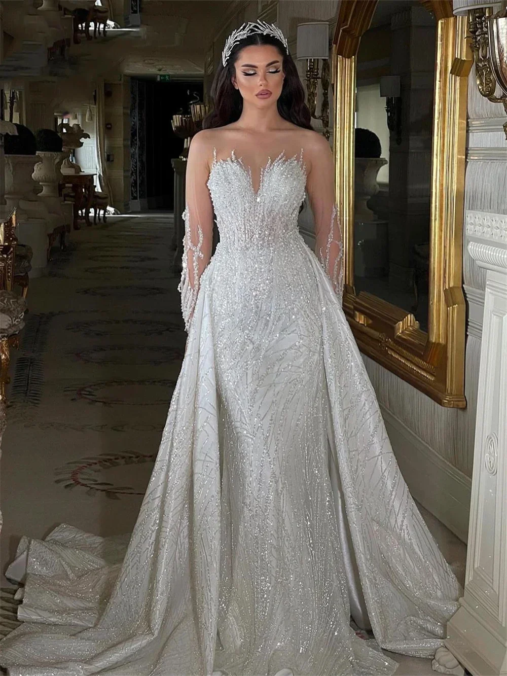 Abiti da sposa con perline trasparenti personalizzati Abito da sposa a sirena Illusion Abiti da sposa di lusso a maniche lunghe Vestido De Noiva