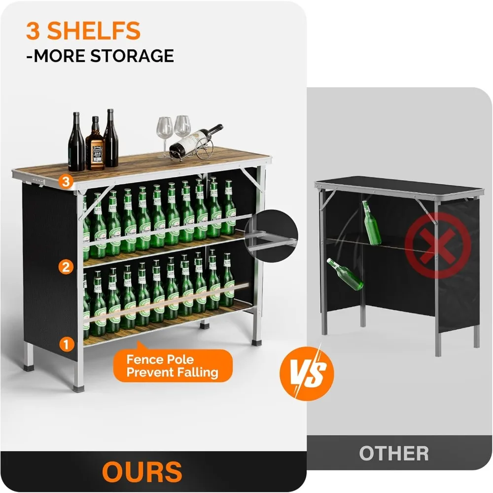 Portable Bar Table with Pole, 3-Tier Shelves, Mobile Bar Table for Events, Party, Camping, Picnic, Tradeshow, Indoor