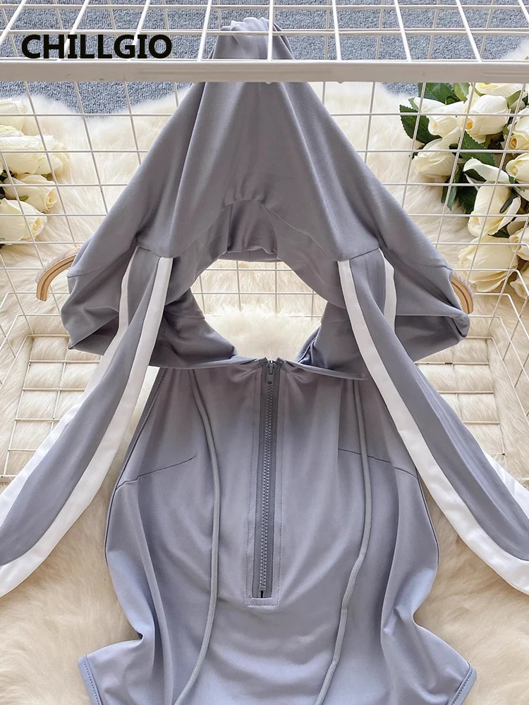 Chillgio feminino sexy erótico coelho bodysuits moda sólida uma peça combinação macacão pijamas collants sem costas zíper catsuits