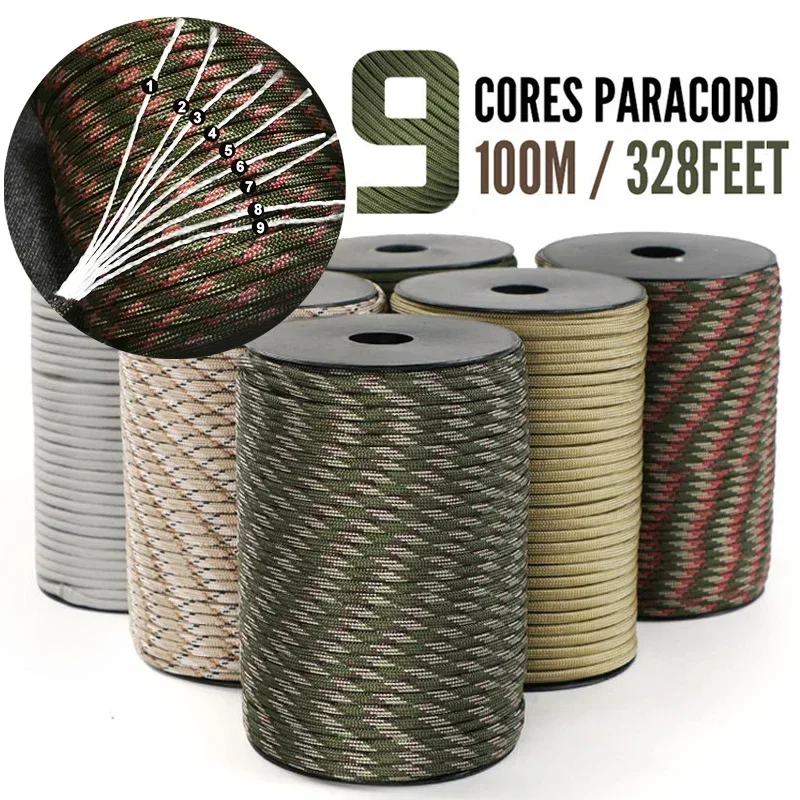550 Corda Paracord standard militare a 9 core 50m 100m 4mm Cavo per paracadute esterno Ombrello di sopravvivenza Tenda Cordino Cinghia da campeggio