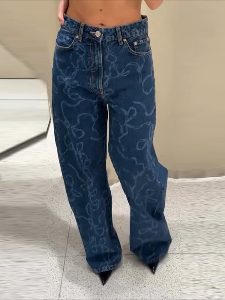 Vintage Print Hohe Taille Jeans Frauen Casual Baggy Blau Denim Hosen Weibliche 2025, Frühling Sommer High Street Harajuku Hosen