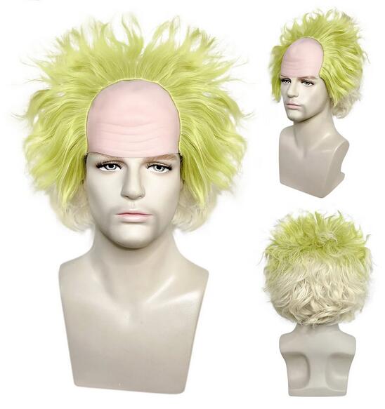 コスプレウィッグ,短いウェーブのかかったハーフボール,ヘアライン,ピエロのラバートップ,8インチ,グリーン,老人,学校,ハロウィーン,クリスマスコスチューム