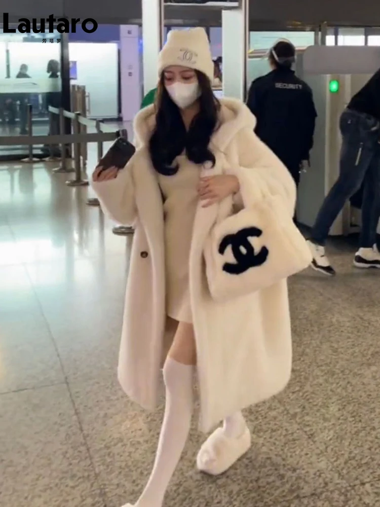 Lautaro-abrigo de oso de peluche para mujer, abrigo largo de gran tamaño, blanco, grueso, cálido, con capucha, holgado, informal, moda coreana, invierno, 2023