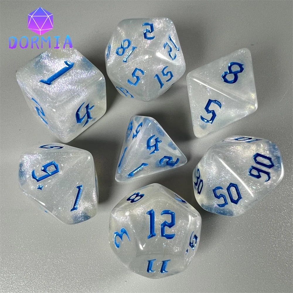 Juego de dados poliédricos Dados rpg Efecto especial de luz de estrellas Increíble estilo de fuente retro Juego de 7 dados para juego de mesa Juego enrollable