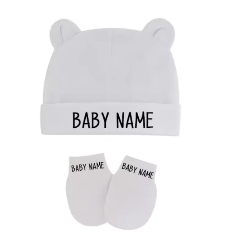 Gorro personalizado para bebê recém-nascido, chapéu e luvas com nome do bebê, com orelhas, algodão elástico, meninos, meninas, chapéu quente, luvas, presente de chuveiro