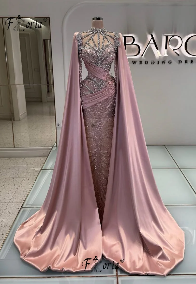 Modest Pink Evening Wedding Dresses with Long Shawl Beads Crystal Mermaid Customized Formal Party Dress Elegant Gala Robe Soiree
