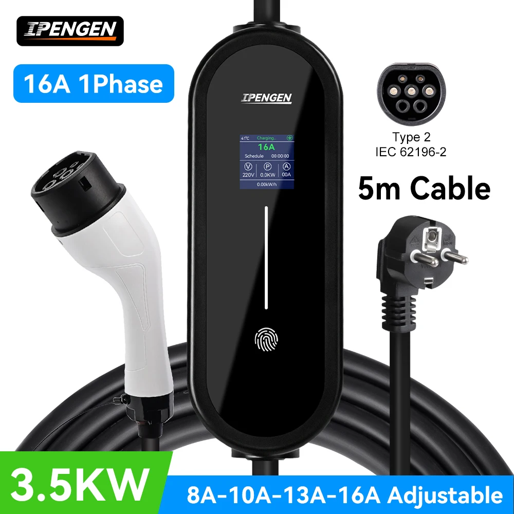IPENGEN 3.5KW Przenośna Ładowarka EV Kabel 5M Typ2 IEC62196/ GB/T Złącze 16A 1Fazowa Ładowarka Ścienna Typ1 do Pojazdów Elektrycznych