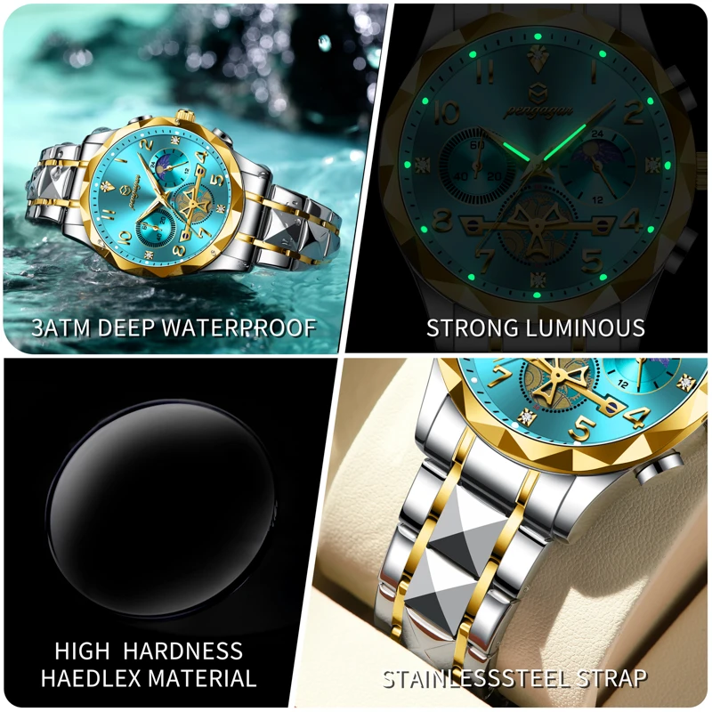 PENGAGAR, reloj de pulsera de lujo para hombre, cronógrafo, resistente al agua, luminoso, reloj para hombre, relojes deportivos de cuarzo de acero inoxidable de alta calidad para hombre