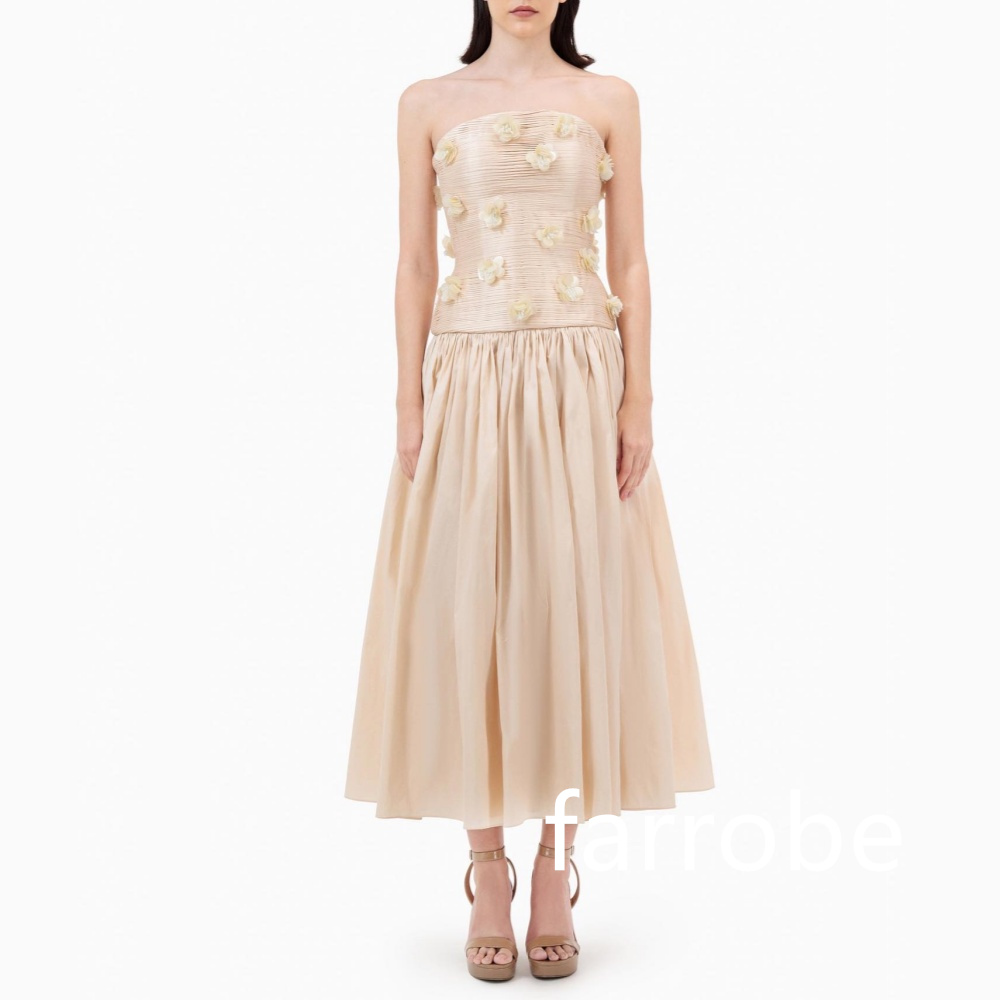 Customized Intricate Jersey Pleat Flower A-line Strapless Midi Dresses Bespoke Occasion Dresses Classic Exquisite Modern Style P