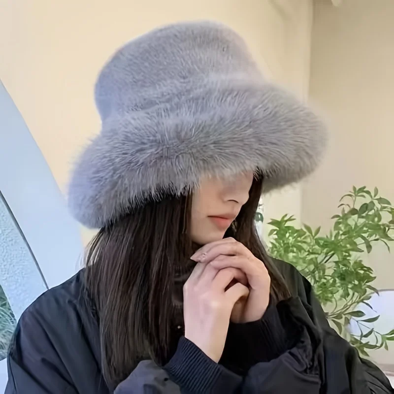 แฟชั่นFaux Furหมวกขนาดใหญ่สําหรับผู้หญิงรัสเซียCossack FluffyฤดูหนาวหมวกFuzzy Fluffyหมวกขนาดใหญ่สีชมพูไวน์แดง