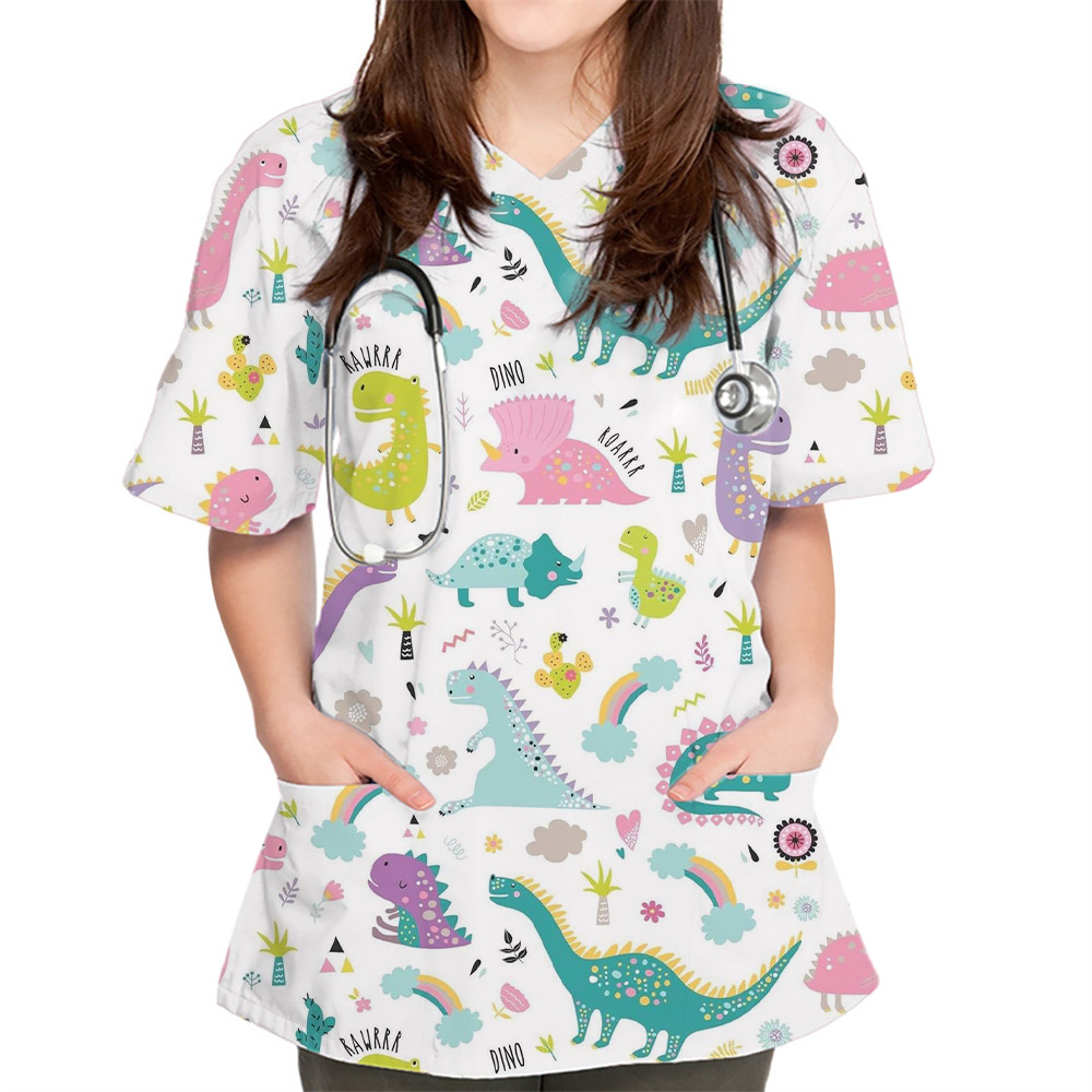 女性のためのポケット付き看護ユニフォーム、看護ユニフォーム、Vネックトップ、かわいい看護トップス、プリントナース、かわいい歯科医トップス