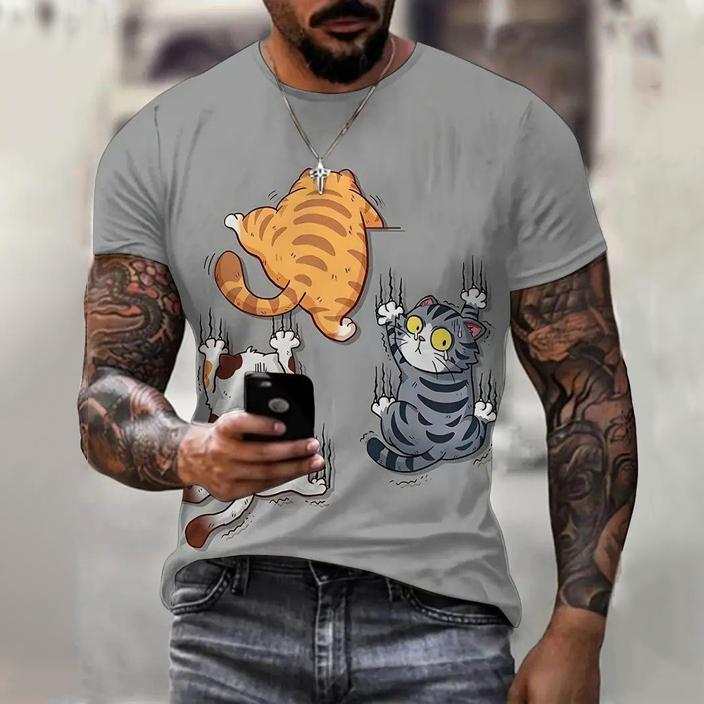 Zomer heren T-shirt Kat Print Casual Korte Mouw 3d T-shirts Mode Streetwear Ronde Hals Trui Oversized Mannelijke Kleding
