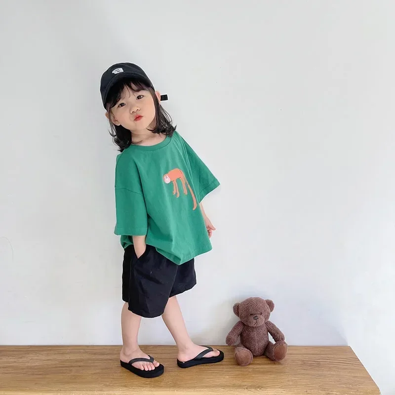 ‌ สไตล์เกาหลีฤดูร้อนเด็กเสื้อยืดน่ารักการ์ตูนพิมพ์หลวม Fit ไหล่กลางแขนเสื้อสําหรับเด็กทารกเด็กหญิงเสื้อผ้าเด็กวัยหัดเดิน