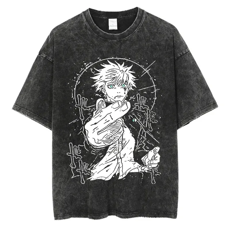 アニメウォッシュ Tシャツ原宿夏綿 100% 半袖オーバーサイズ Tシャツヴィンテージストリート Tシャツ