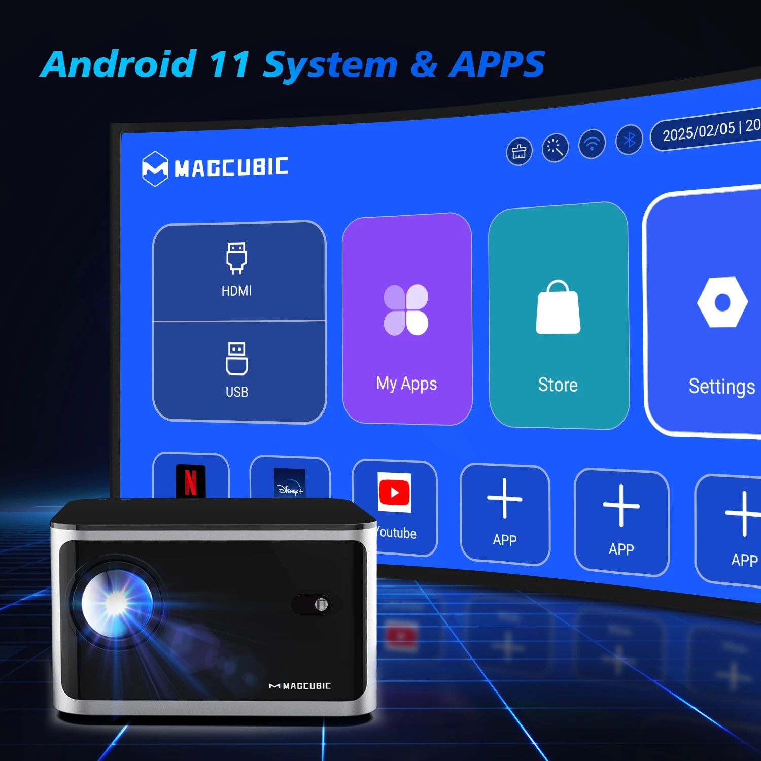 Projetor inteligente Magcubic com foco automático Android11 4K 580ANSI Full Wifi6 BT5.0 Allwinner H713 Controle de voz Home Cinema Theater HY350