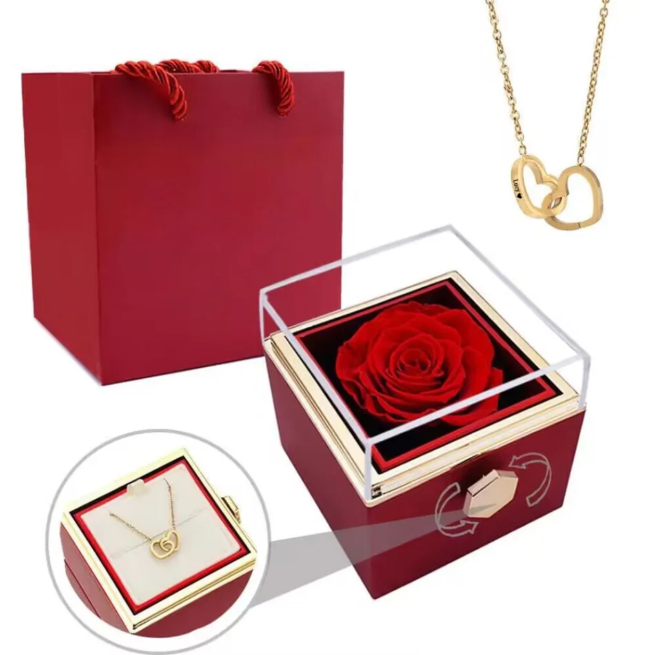 2025 nieuwe eeuwige echte roos roterende doos dubbel hart op maat gegraveerde naam stalen ketting voor Valentijnsdag verjaardag sieraden cadeau
