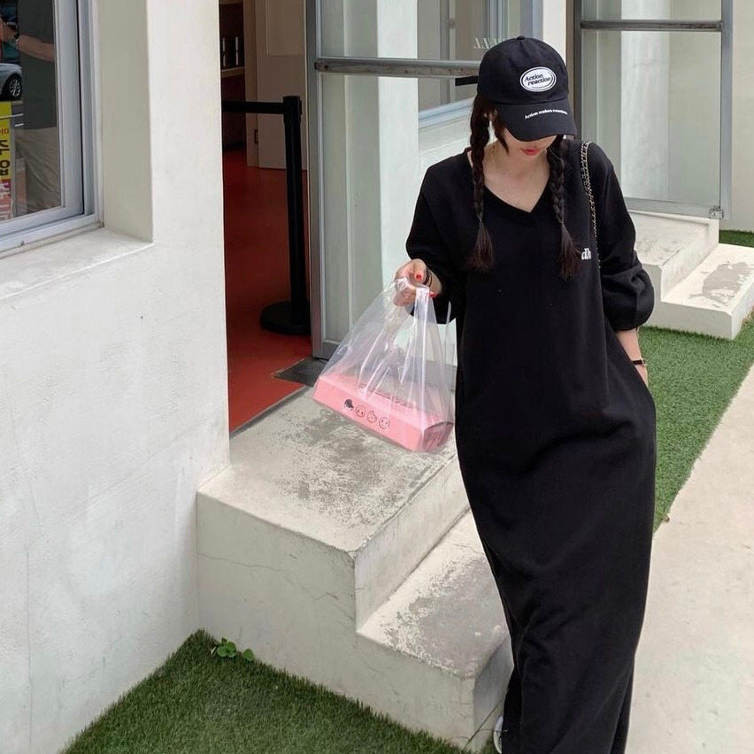 자수 스웨터 드레스 V넥 긴소매 자수 캐주얼 알파벳 브이넥 롱슬리브 스웨터 드레스 원피스 스웨터 드레스