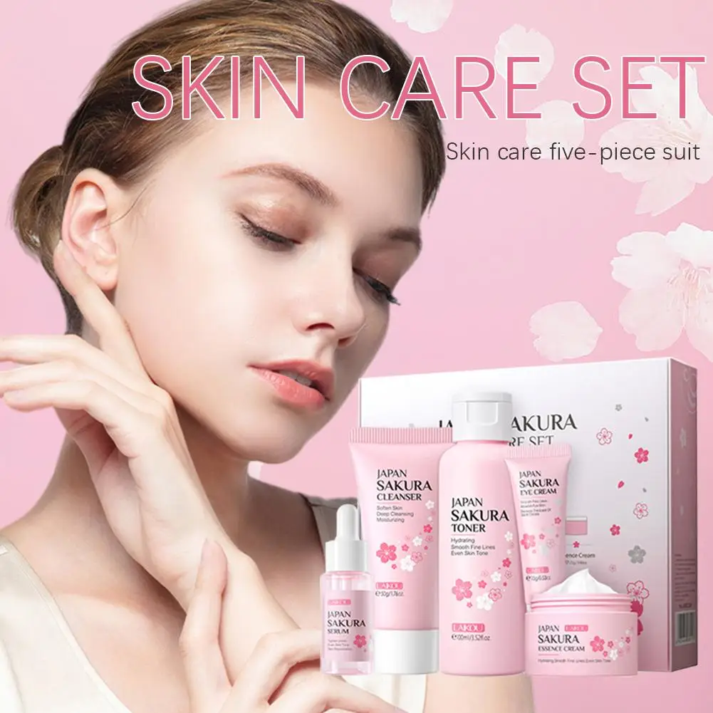 Sakura-フェイシャルスキンケアセット,フェイスクリーム,美容液,フェイシャルクリーナー,アイクリーム,ギフトボックス,フェイス製品,5個/セット
