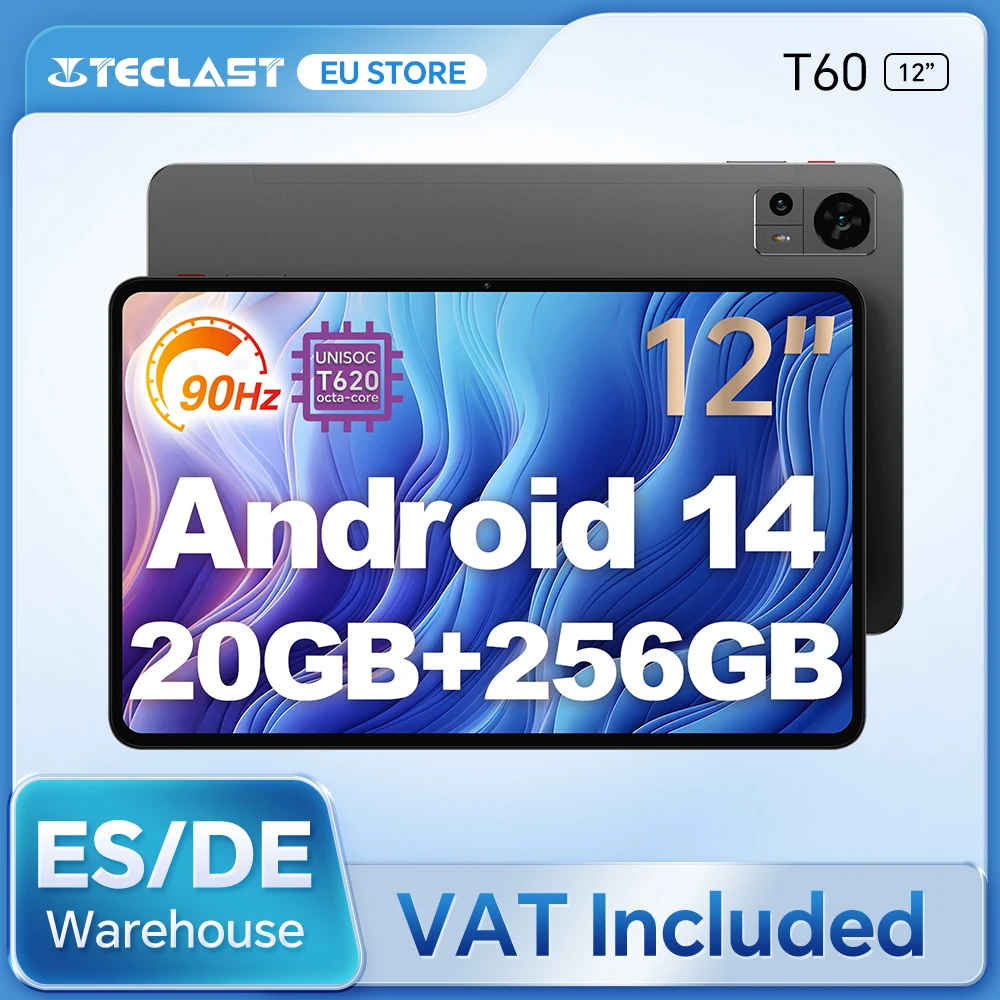 Teclast T60 12" Android 14 Tablet, 2K 90Hz Scherm, UNISOC T620, Max 20GB RAM, 256GB ROM, 8000mAh, 18W Snelladen, Widevine L1, 4G LTE, GPS