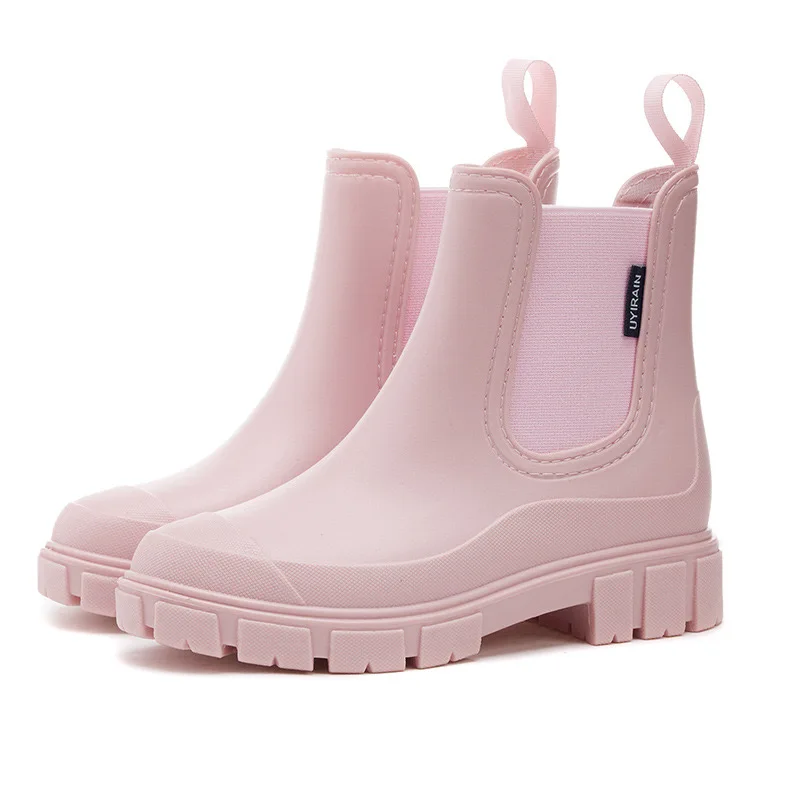 Botas impermeables para mujer, nuevo estilo, botines con boca elástica, zapatos de lluvia de media caña, botas de agua Chelsea antideslizantes para interiores y exteriores para mujer
