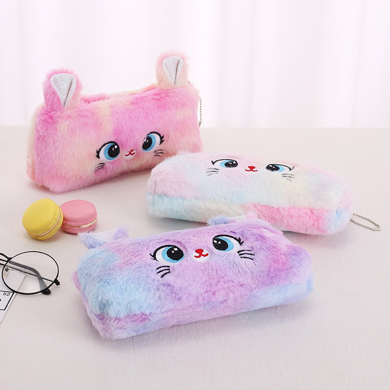 Astuccio per matite con cerniera di grande capacità con gatto Kawaii, bellissimo sacchetto per matite in peluche creativo per cartoni animati per borsa per cancelleria per ragazze