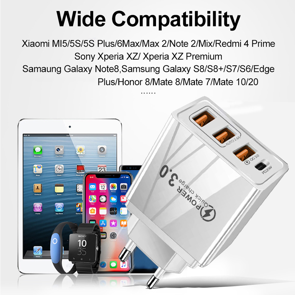 48W USB QC 3.0 Charger Type C PD Fast Charge For iPhone 12 13 Max Samsung S21 Huawei Xiaomi Mobile Phone EU/US Plug Wall Charger