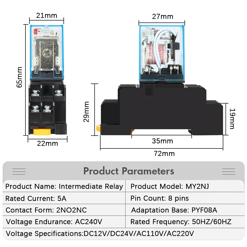 MY2NJ MY4NJ carril DIN pequeño relé electromagnético bobina relé de potencia DC12V DC24V AC110V AC220V con Base de enchufe 2NO 2NC