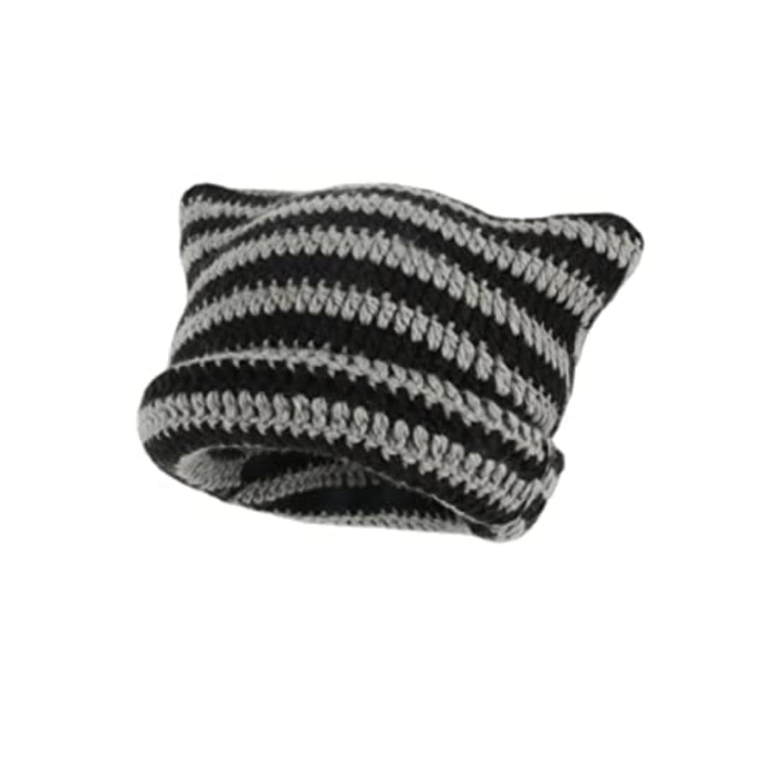 Gorros con orejas de gato para mujer, gorros de invierno a rayas, estilo coreano, Punk, gótico, Y2K, ropa de calle tejida de lana, gorro de cubo de ganchillo hecho a mano