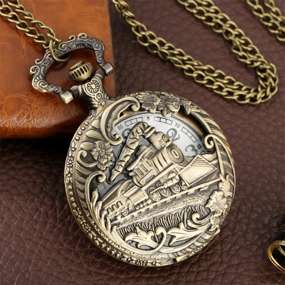 Clássico vintage steampunk trem relógio de bolso de quartzo com corrente colar moda bronze melhor presente para homens crianças relógio