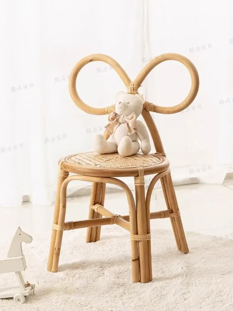 Silla nórdica de ratán tejida a mano para niños, arco de Metal, arcoíris, conejo, madera maciza para el hogar, silla de comedor simple, silla de ocio
