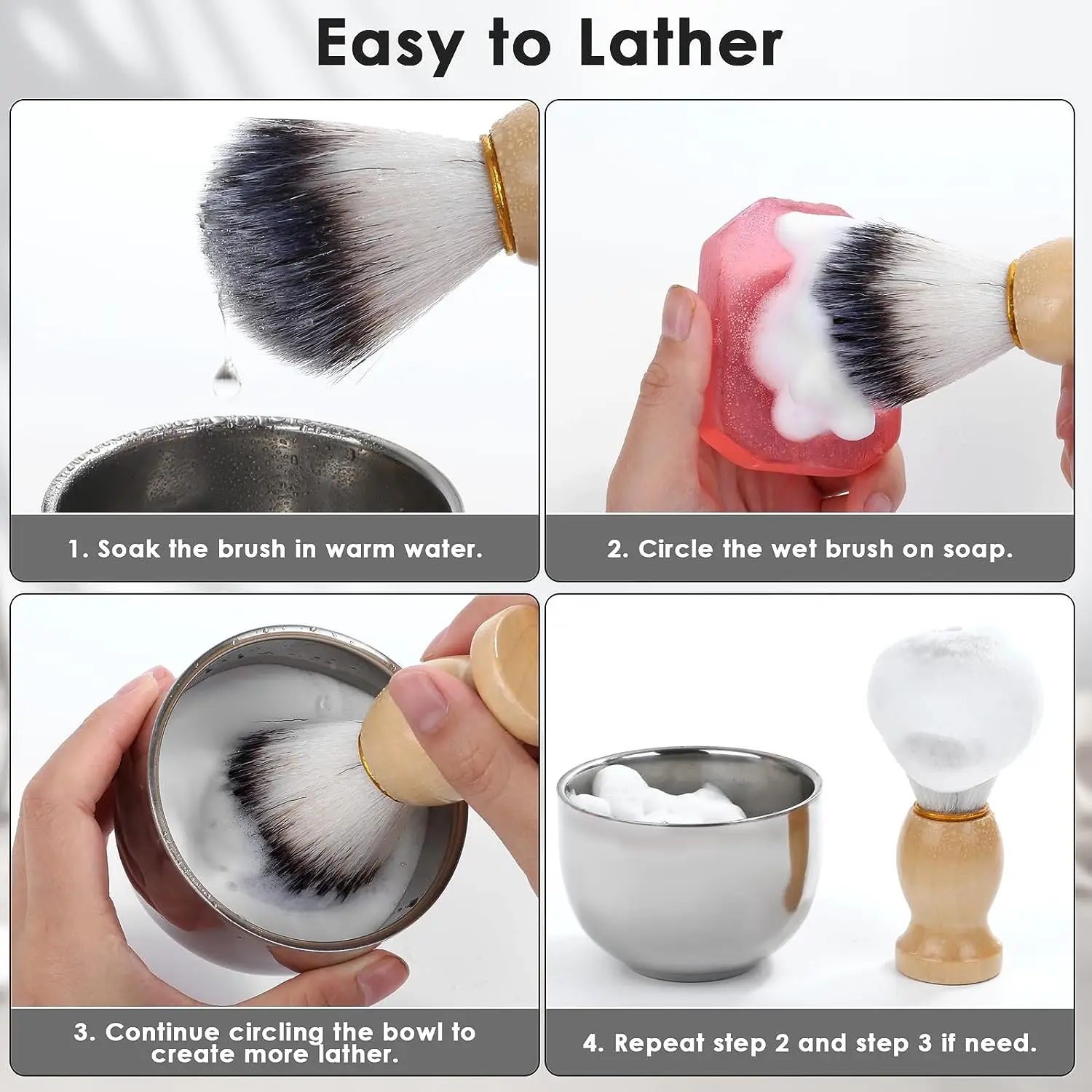 Juego de brocha y tazón de afeitar para hombre, kit de brocha de afeitar 3 en 1, mango de madera con tazón de afeitar de acero inoxidable y soporte para brochas