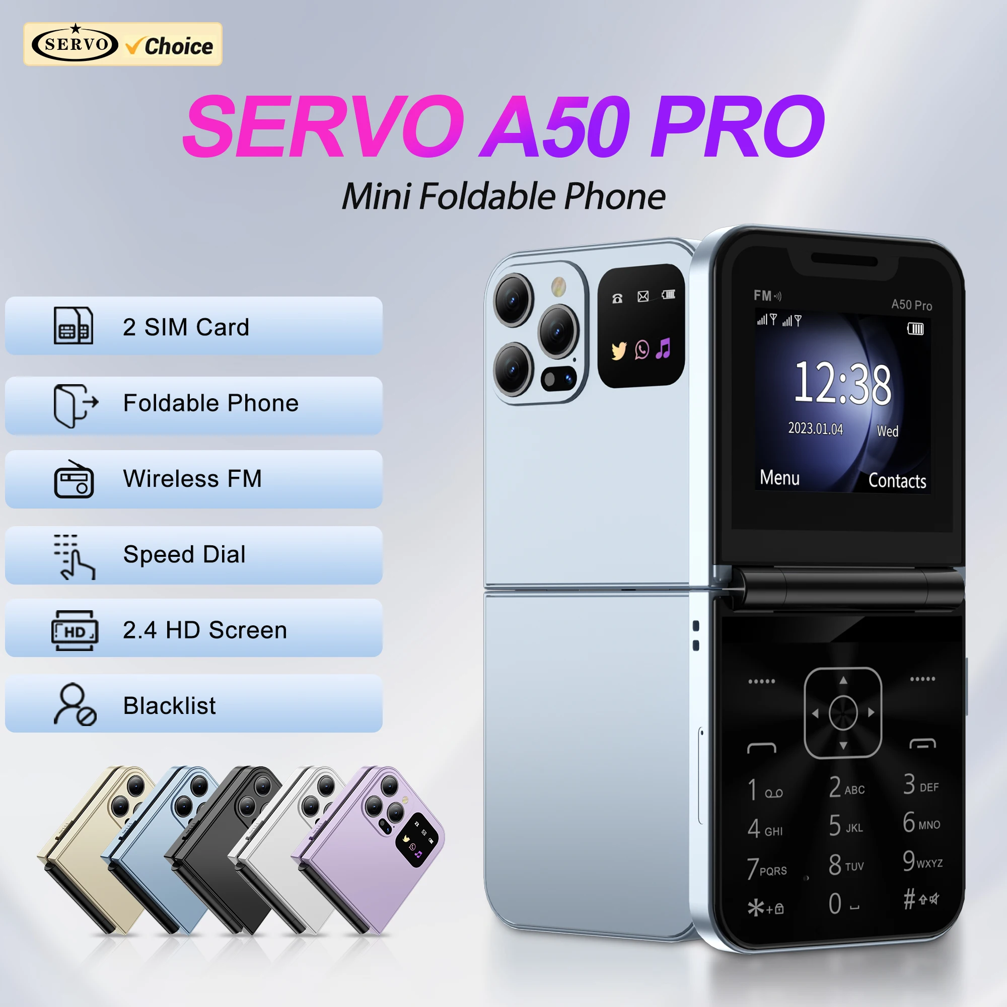 โทรศัพท์มือถือพับได้ SERVO A50 PRO รองรับสองซิม บันทึกเสียงสนทนา โทรด่วน รายการดำ วิทยุ FM 2G GSM โทรศัพท์แบบกดปุ่ม