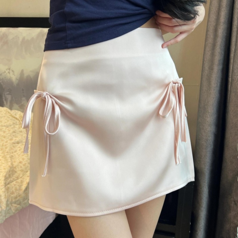 Mini jupes d'été solides pour femmes et filles, avec nœud, taille haute, Slim, loisirs, ligne a, mode coréenne, tempérament doux et Chic