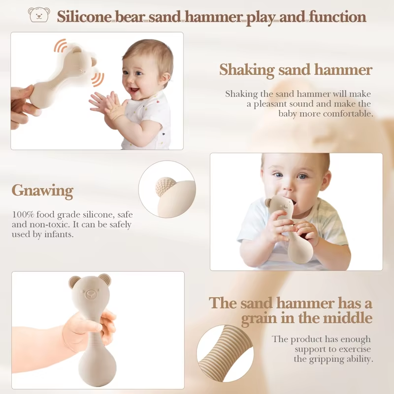 Rasseln für Baby Silikon Maracas Spielzeug Cartoon Bär Sand Hammer Baby Spielzeug 0-12 Monate Rassel Silikon Beißring Spielzeug für Baby Geschenk