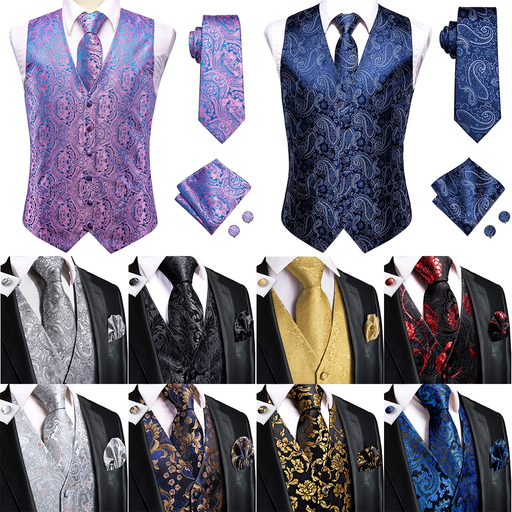 Ślubna fioletowa jedwabna kamizelka męska Paisley Slim Fit krawat chusteczka spinki do mankietów zestawy męskie bez rękawów kamizelka z dekoltem w kształcie litery V Party Hi-Tie