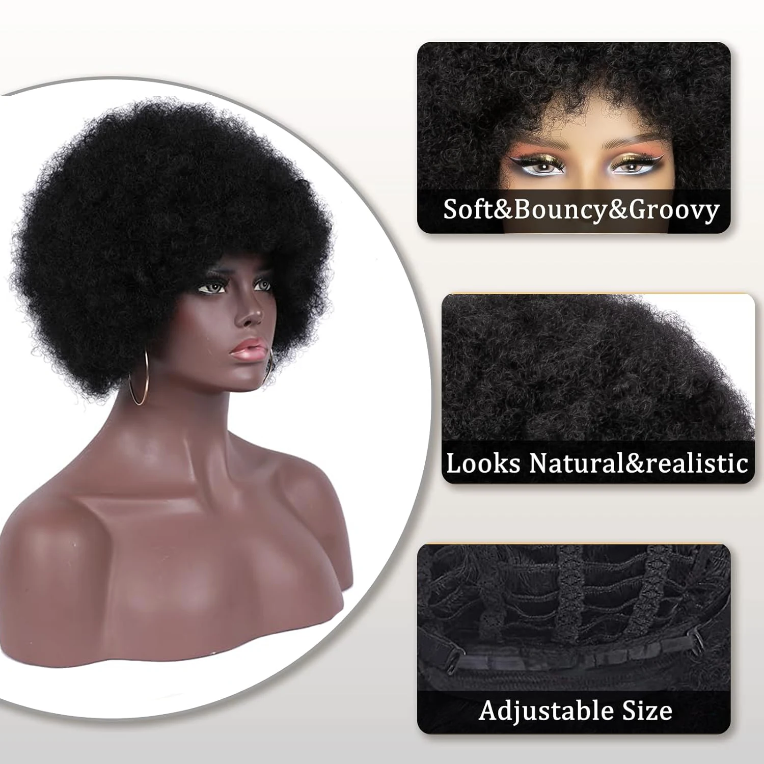 สั้นสังเคราะห์Afro Kinky Curlyวิกผมผู้หญิงBangsธรรมชาติ,Fluffy Bouncy Afroพัฟวิกผมสําหรับทุกวันคอสเพลย์ปาร์ตี้