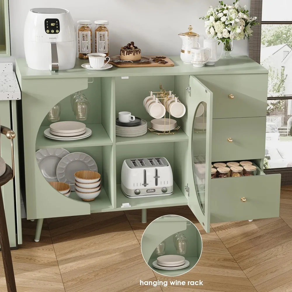 Coffee Bar Cabinet with Fluted Glass Door, Modern Cream Style Buffets & Sideboards with Wine Glass Rack