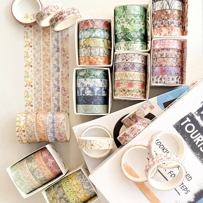 5 rollos de Cinta Washi de flores, decoración de diario pequeño, Cinta adhesiva básica, suministros de álbum de recortes, cintas Washi