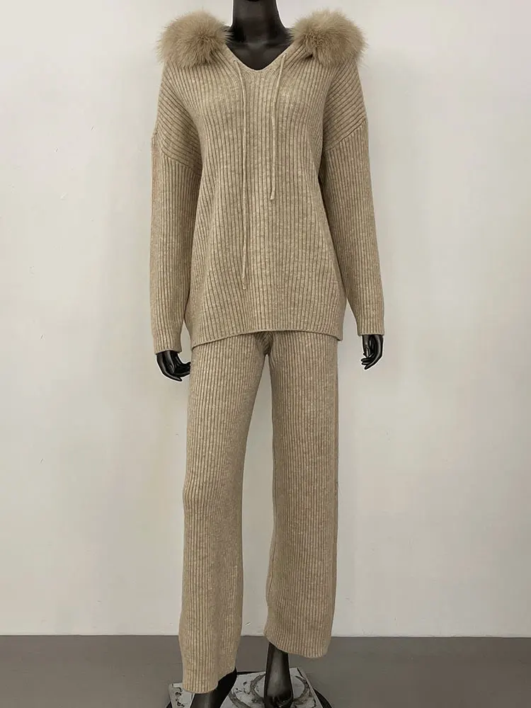 Furyurself 2025 primavera mulher com capuz pulôver camisola de caxemira emenda natural gola de pele de raposa outerwears camisola terno